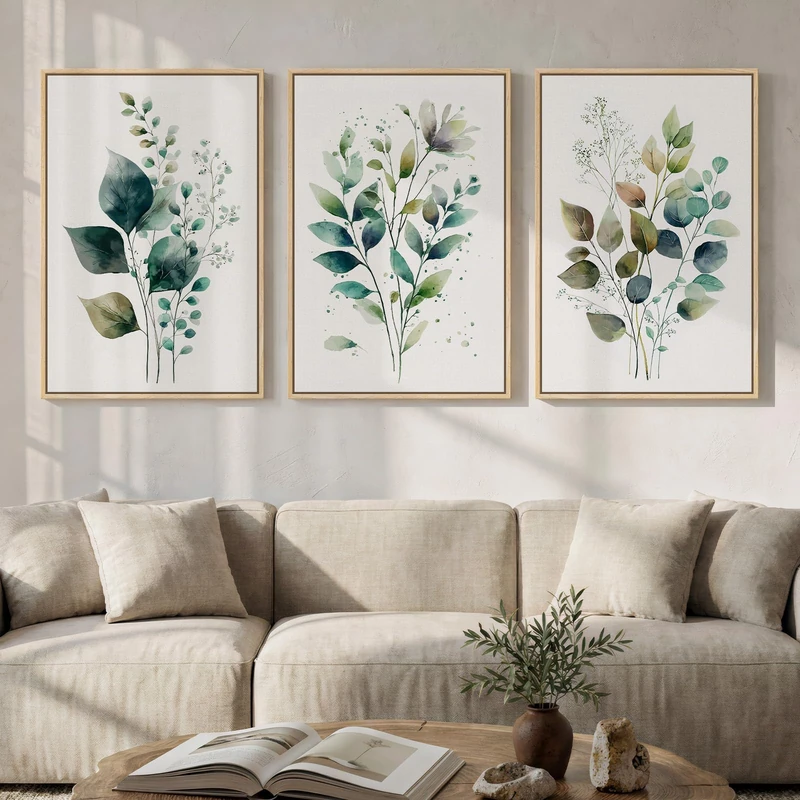 Framed Green Botanical Wall Art for Living Room, 3 Piece Neutral Minimalist Watercolor Leaf Canvas Painting Prints, Modern Farmhouse Boho Sage Green Plant Artwork for Bedroom Kitchen Wall Decor, 16x24