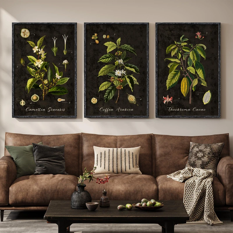 Large Vintage Framed Botanical Wall Art for Living Room, 3 Piece Dark Green Coffee Plant Canvas Prints Paintings, Retro Leaf Moody Pictures for Dining Room Coffee Bar Kitchen Wall Decor, 24x36 Inch