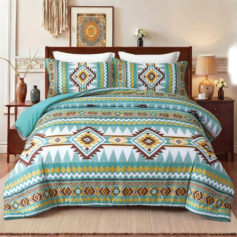 Tyrot Aztec Comforter Bedding Set with Pillow Shams for All Season, King Size, Turquoise