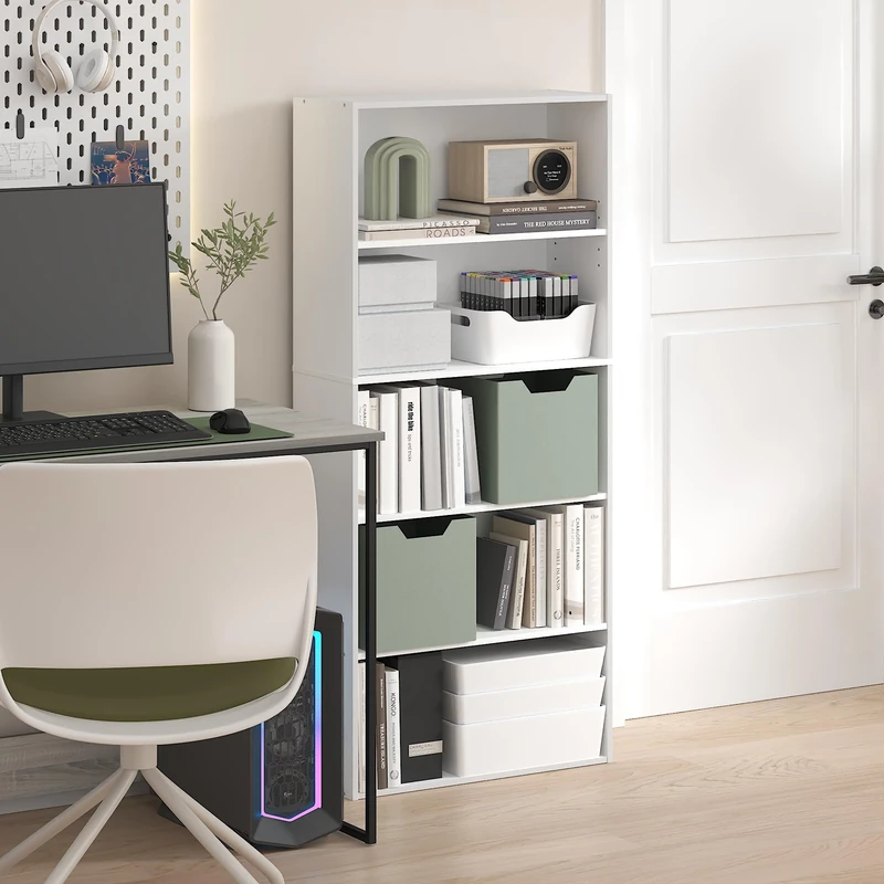 Furinno JAYA Book Shelf, 5-Tier Bookshelf, 52 Inch Tall Bookcase with Adjustable Shelf, 24.1(D) x 59.9(W) x 133.6(H) cm, for Home Office, Bedroom, Living Room, White