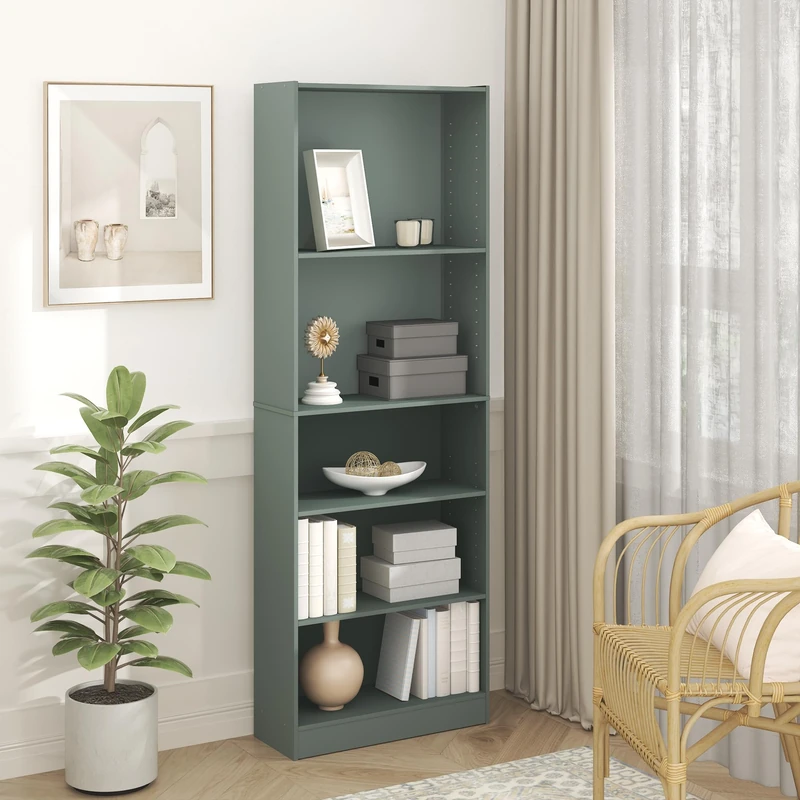 Furinno JAYA Book Shelf, 5-Tier Bookshelf, Bookcase, with Adjustable Shelves, 24.1(D) x 62.2(W) x 180.8(H) cm, for Home Office, Living Room, Sage Green - Image 1