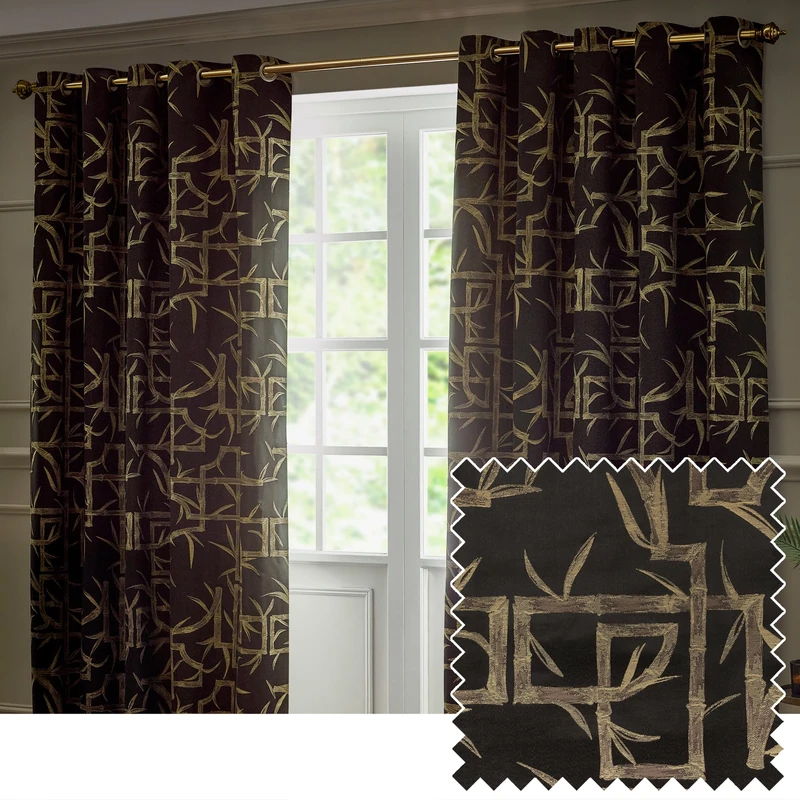 Paoletti Bamboo Eyelet Curtain Pair – Lined Room Darkening Geometric Jacquard Luxury Curtains (Black - 168x229cm)