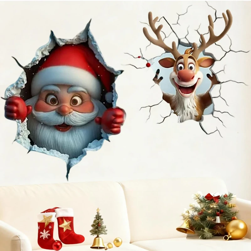 Santa Claus Christmas Wall Stickers, Wall-Breaking Cute Santa Claus WallStickers, Christmas Creative Wall Sticker, Large Santa Claus Wall Decals (A+B)