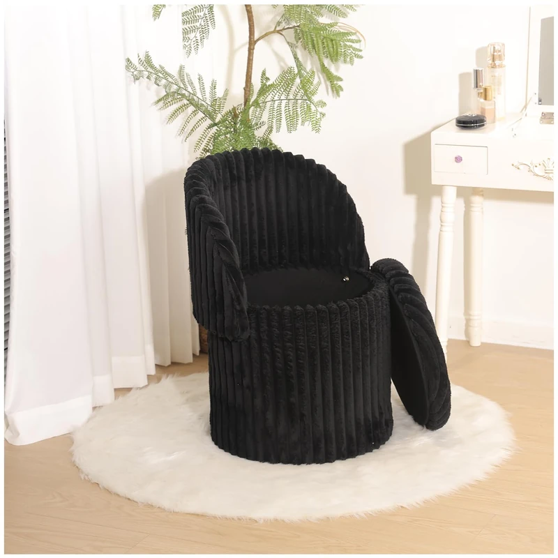 GC GAVENO CAVAILIA Ribbed Round Ottoman Storage Box With Hidden Storage Removable Lid | Fleece Foldable Stool Storage Bench Chair Foot Rest | Vanity Stool Footstools For Living Room, Bedroom