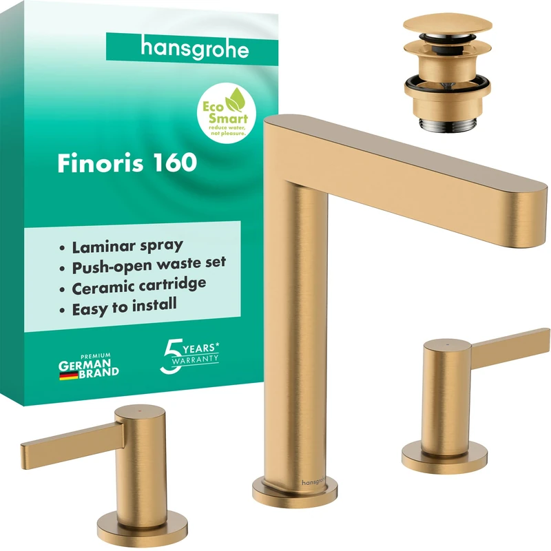hansgrohe Finoris - 3-Hole Bathroom tap with Push-Open Waste Set, Bathroom Sink tap with spout Height 169 mm, Basin Mixer Water-Saving (EcoSmart), Brushed Bronze, 76034140