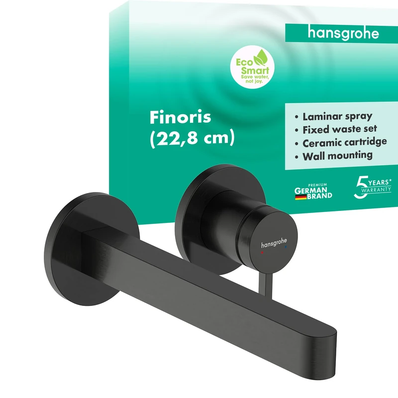 hansgrohe Finoris - Bathroom tap Concealed for wall mounting with Waste Set, Bathroom Sink tap with spout Length 22,8 cm, Basin Mixer Water-Saving (EcoSmart), Brushed Black Chrome, 76050340