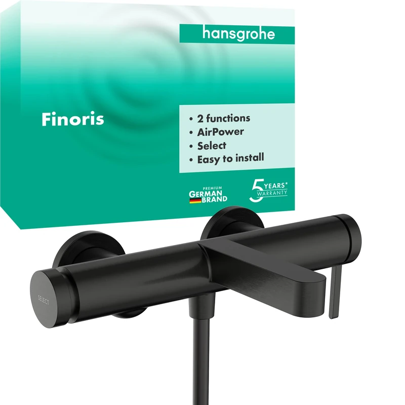 hansgrohe Finoris - Bath tap Exposed for 2 Functions, Bath Mixer tap with spout Length 19,4 cm, Brushed Black Chrome, 76420340