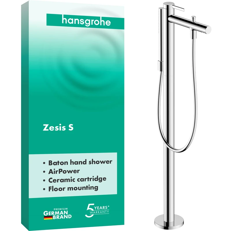 hansgrohe Zesis S - Bath tap Floor-Standing for 2 Functions with Shower Hose 1.25m and showerhead (2 Sprays), Bath Mixer tap, Chrome, 74445000