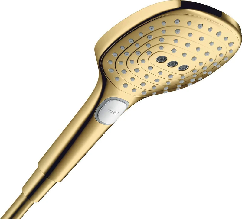 hansgrohe Raindance Select E - Water-Saving Shower Head max. 6 l/min (EcoSmart+), Hand Shower Square with 3 Sprays (incl. PowderRain), with Anti-limescale Function, Polished Gold Optic, 28729990
