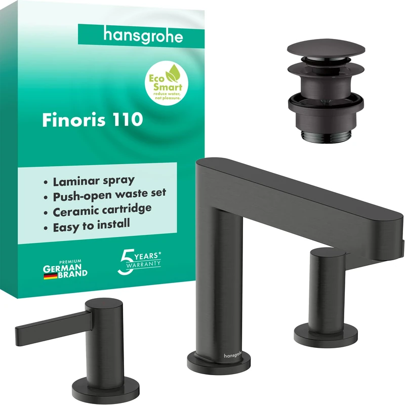 hansgrohe Finoris - 3-Hole Bathroom tap with Push-Open Waste Set, Bathroom Sink tap with spout Height 113 mm, Basin Mixer Water-Saving (EcoSmart), Brushed Black Chrome, 76033340