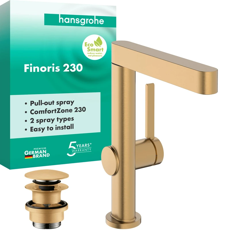 hansgrohe Finoris - Bathroom tap with Push-Open Waste Set, with Pull-Out Spray (2 Sprays), Bathroom Sink tap with spout Height 221 mm, Basin Mixer Water-Saving (EcoSmart), Brushed Bronze, 76063140