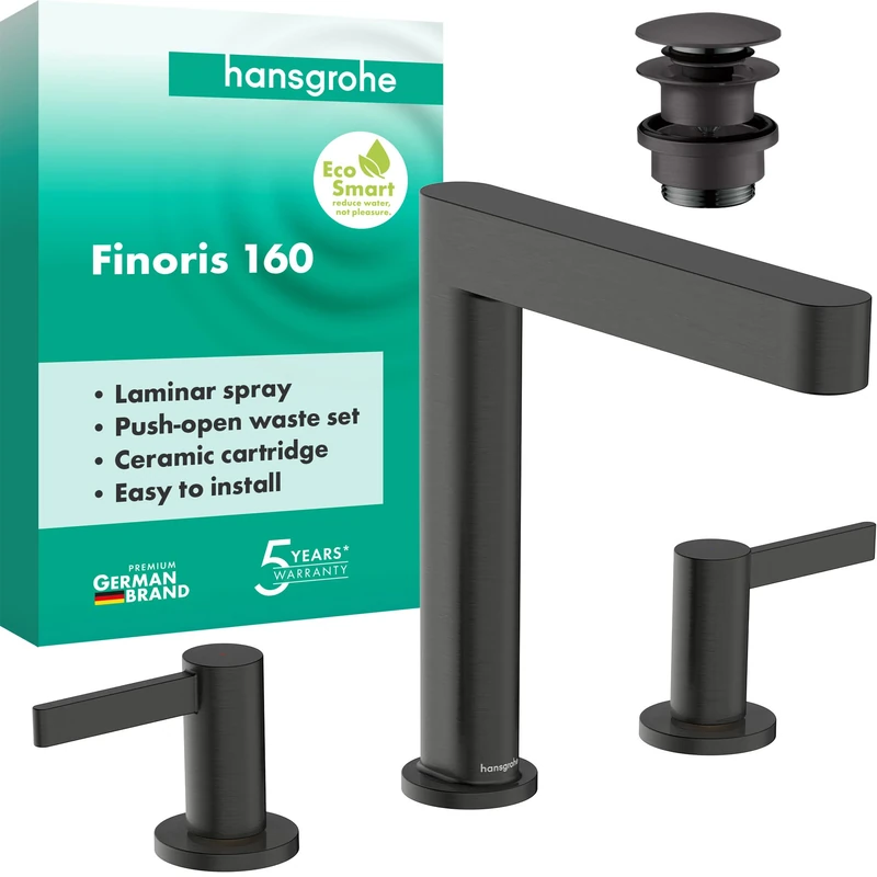 hansgrohe Finoris - 3-Hole Bathroom tap with Push-Open Waste Set, Bathroom Sink tap with spout Height 169 mm, Basin Mixer Water-Saving (EcoSmart), Brushed Black Chrome, 76034340
