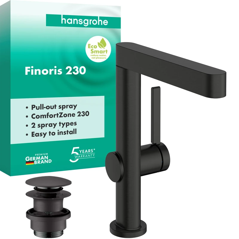 hansgrohe Finoris - Bathroom tap with Push-Open Waste Set, with Pull-Out Spray (2 Sprays), Bathroom Sink tap, spout Height 221 mm, Basin Mixer Water-Saving (EcoSmart), Brushed Black Chrome, 76063340