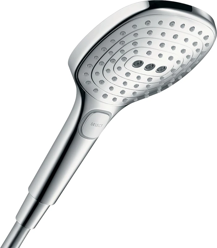 hansgrohe Raindance Select E - Water-Saving Shower Head max. 8 l/min (EcoSmart), Hand Shower Square with 3 Sprays (incl. PowderRain), with Anti-limescale Function, Chrome, 28728000