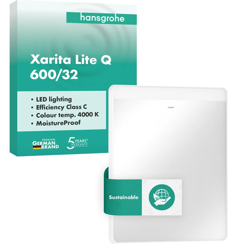 hansgrohe Xarita Lite Q 54957700 Bathroom Mirror with Horizontal LED Lighting, Bathroom Mirror 600 x 700 x 30 mm, Light Control via Wall Switch, Aluminium Frame, Matte White