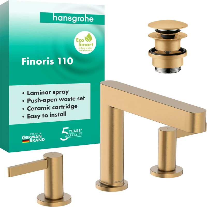 hansgrohe Finoris - 3-Hole Bathroom tap with Push-Open Waste Set, Bathroom Sink tap with spout Height 113 mm, Basin Mixer Water-Saving (EcoSmart), Brushed Bronze, 76033140