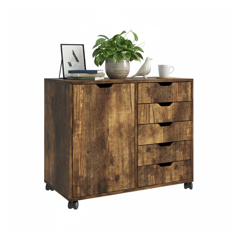 Relaxdays mobile storage cabinet, 5 drawers & 2 compartments, HWD: 65x78x40 cm, office cabinet with wheels, brown