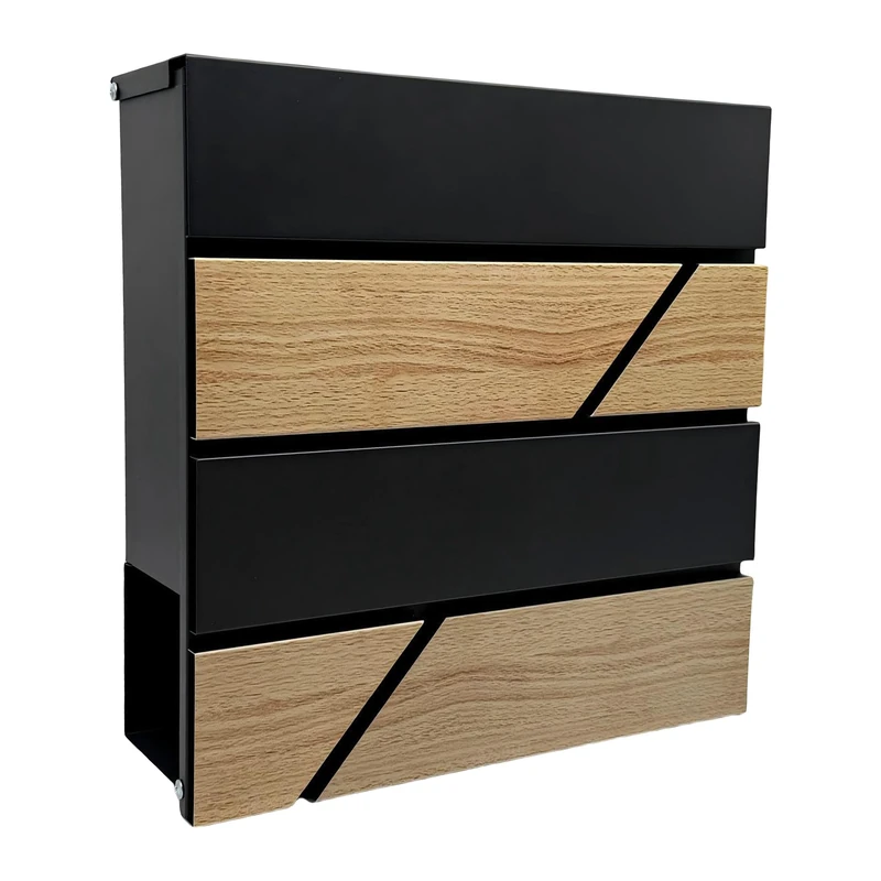 Relaxdays letterbox, wood effect, with newspaper tube, postbox, HWD: 37x37x11 cm, 4 keys, iron, black/natural