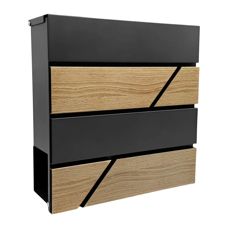 Relaxdays letterbox, wood effect, with newspaper slot, postbox, HWD: 37x37x11 cm, 4 keys, iron, anthracite/natural