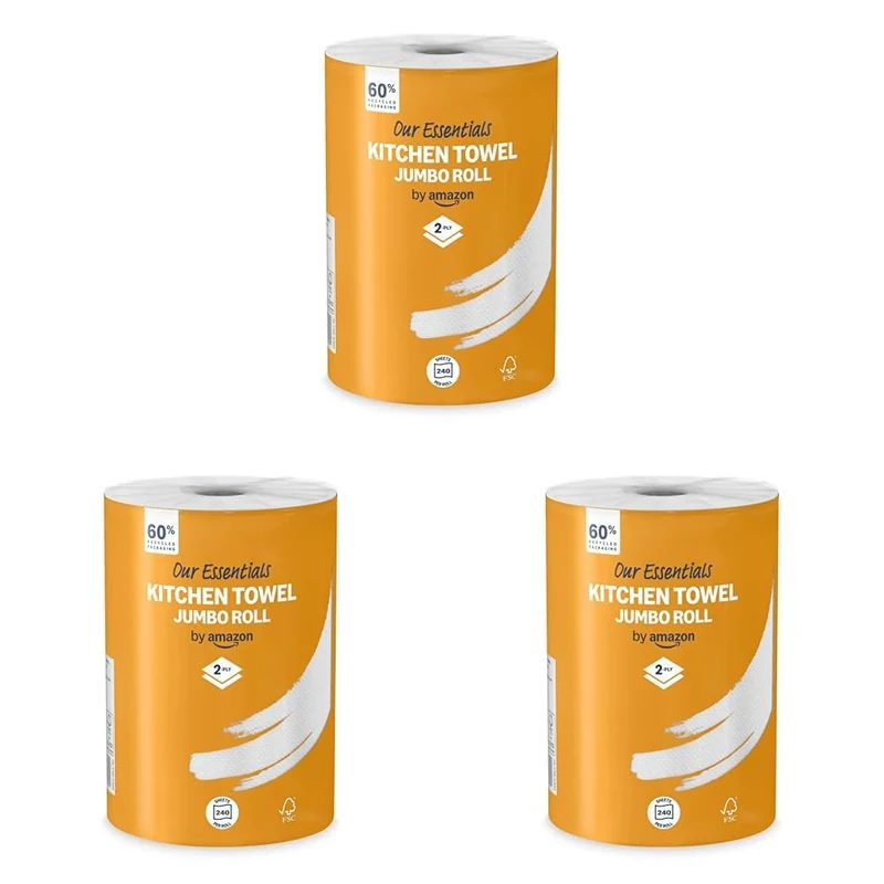Our Essentials by Amazon Kitchen Towel Jumbo Roll 3 Pack, 2-Ply, 240 Sheets