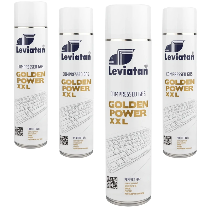 Leviatan Golden Power Air Duster Can, 4 x 600ml - Compressed Air Spray for Electronics Cleaning, Keyboards, Computers, Cameras, Mobile Phones - with Extension Nozzle