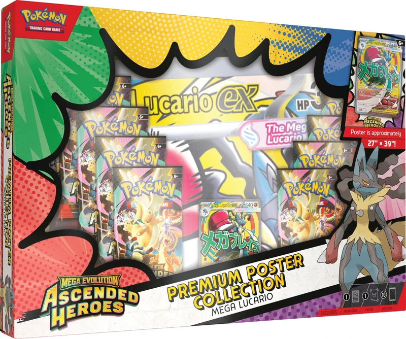 Pokémon TCG: Mega Evolution—Ascended Heroes Premium Poster Collection—Mega Lucario (1 Foil Promo Card, 1 Double-Sided Poster & 10 Booster Packs)