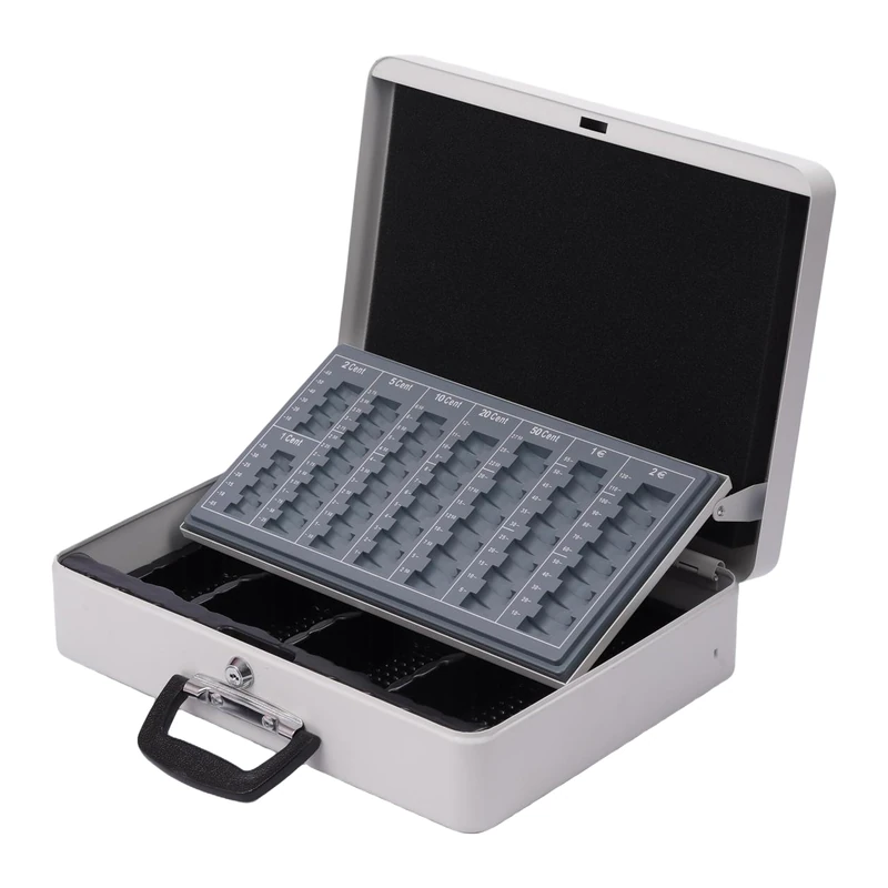 Relaxdays lockable cash box, coin sorter, note section, cash box with handle, HxWxD: 10x37x28 cm, steel, white