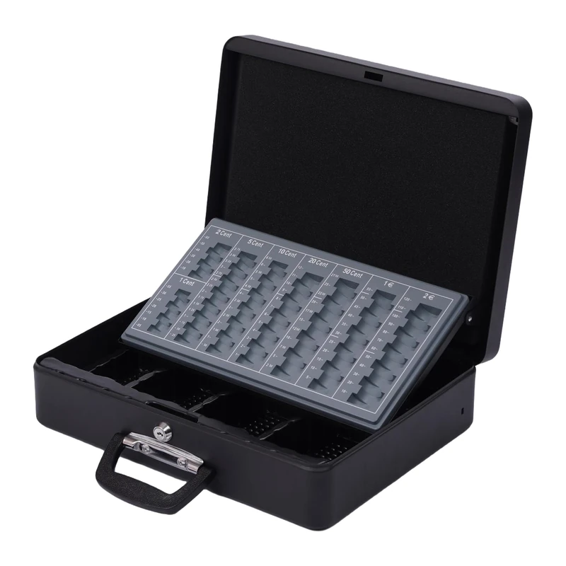 Relaxdays lockable cash box, coin tray, note compartment, cash box with handle, HxWxD: 10x37x28 cm, iron, black