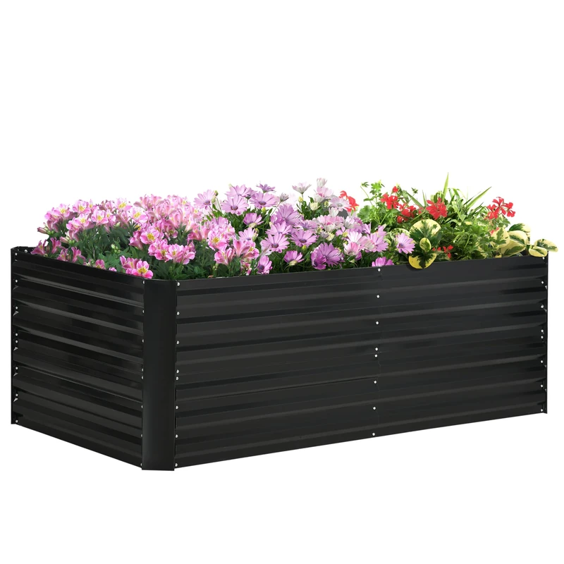 Outsunny Raised Beds for Garden, Galvanised Steel Outdoor Planters with Multi-reinforced Rods for Vegetables, Plants, Flowers and Herbs, 180 x 90 x 59 cm, Black