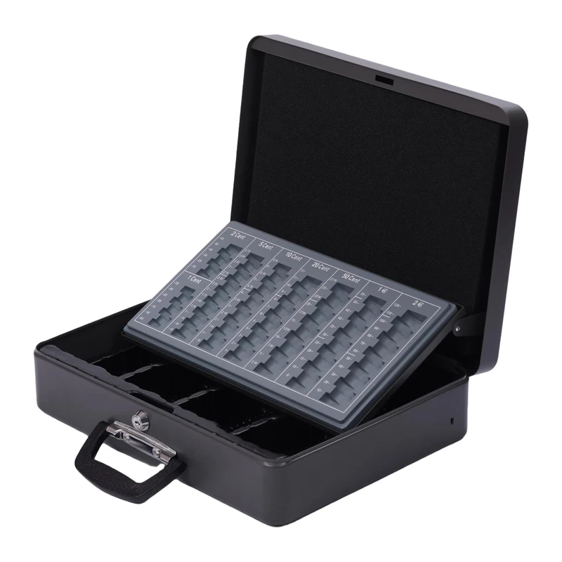 Relaxdays lockable cash box, coin tray, note compartment, cash box with handle, HxWxD: 10x37x28 cm, metal, grey