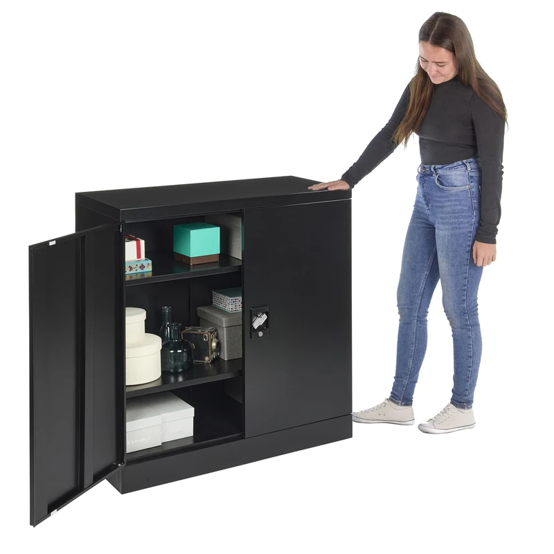 MMT Furniture Designs Ltd Small Steel Cabinet - 2 Door Lockable Filing Cabinet - Metal Storage Cupboard for Home, Office Documents, Files, Kitchen, Pantry & Garage - Black