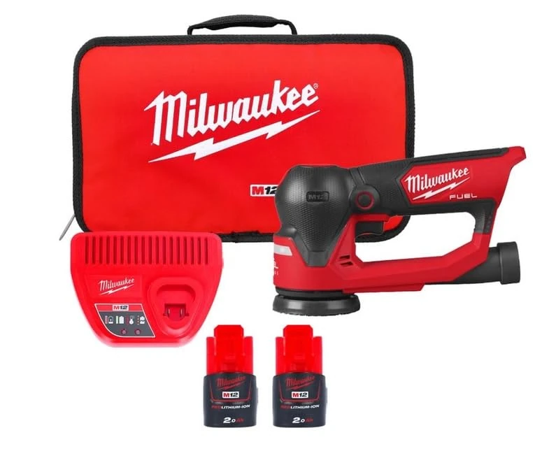 Milwaukee M12FSDR75-202B 12V Fuel Cordless 75mm Random Orbital Sander with 2 x 2.0Ah Batteries, Charger & Tool Bag