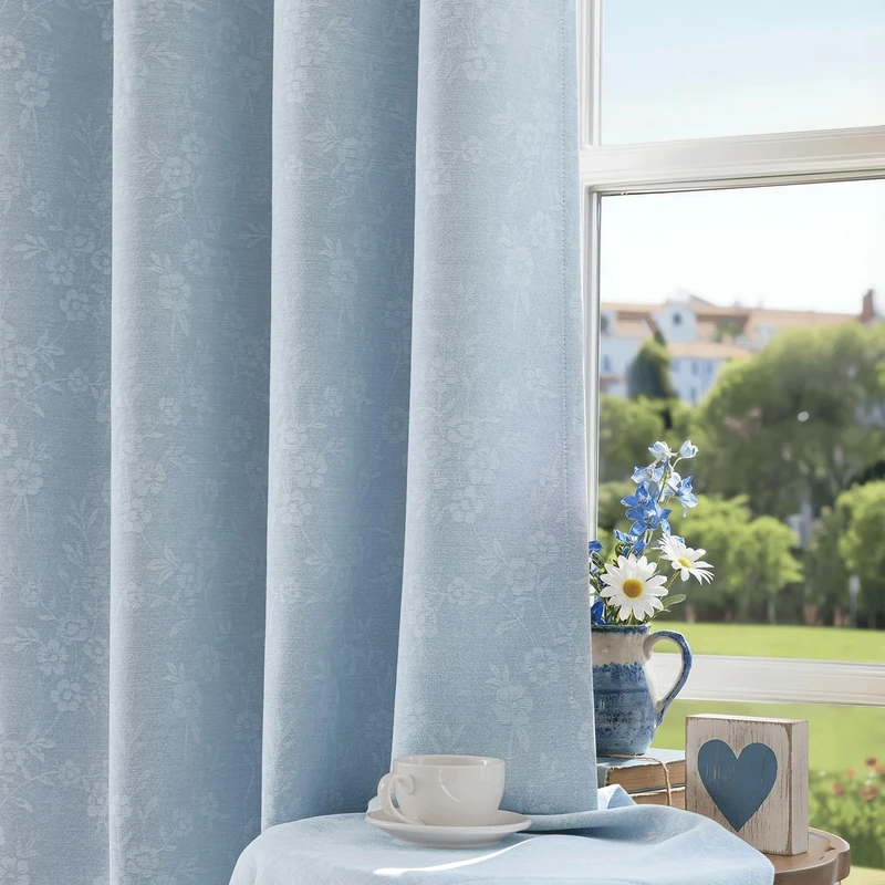 Beauoop Blue Floral Jacquard Blackout Curtains for Bedroom 52x84 2 Panels