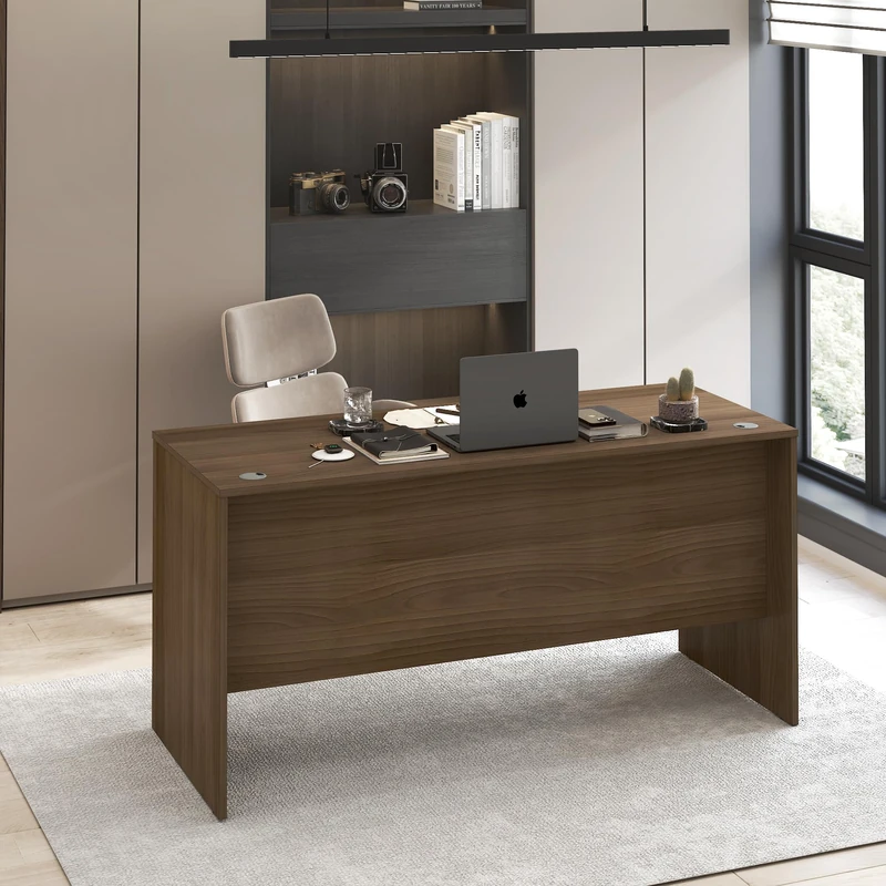 Furinno ROGER Computer Desk, 60 Inch Executive Desk, Home Office Cord Grommet, For Home Study, Office, Modern Walnut