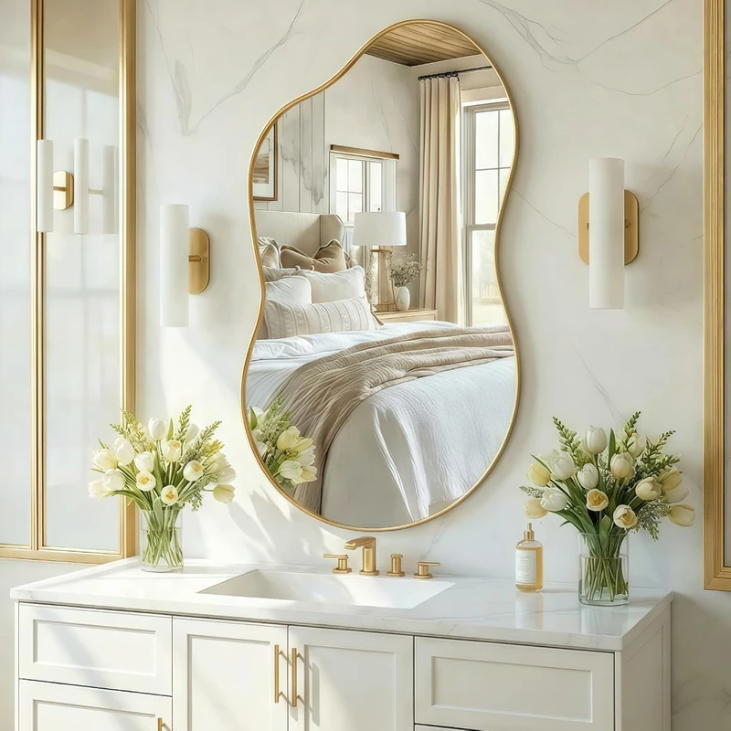 Clevich Wall Mirror, 50X91cm Cloud Wavy Hanging Mirror, Irregular Asymmetrical Bathroom Mirror with 3mm HD Tempered Glass and Aluminum Alloy Frame for Living Room/Bedroom/Entryway/Hallway (Gold)