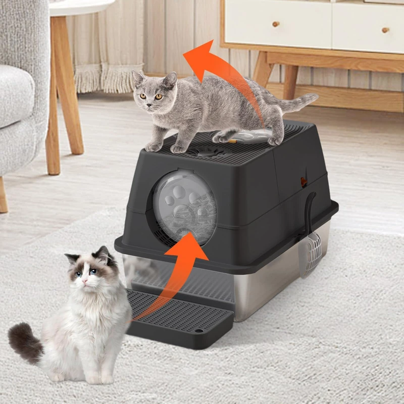 GarveeHome Stainless Steel Large Cat Litter Tray with Lid, 2-Door Configuration, High Closed Toilet for Large Cats, Easy to Clean Metal Cat Litter Tray with Sand Filter Pedal and Litter Scoop, Black - Image 1