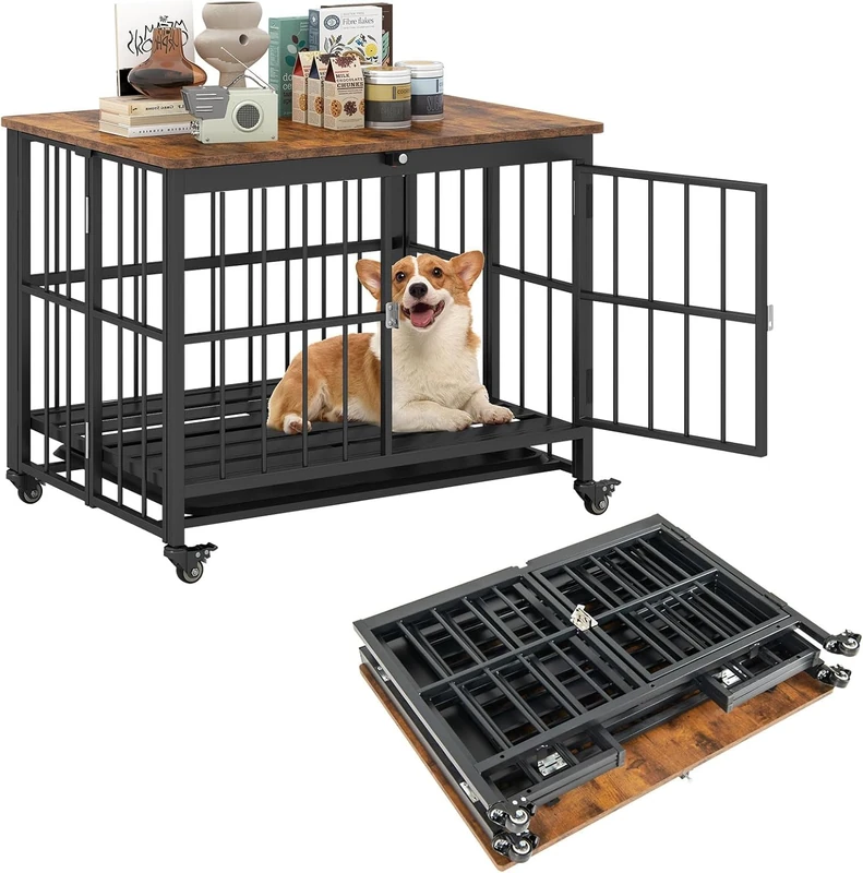 FANTASK Foldable Dog Cage Cabinet, 80 x 61 x 64 cm, Dog Cage Furniture with Wheels, Removable Tray & Lockable Door, Furniture Style Dog Box for Small Dogs (Vintage Brown)