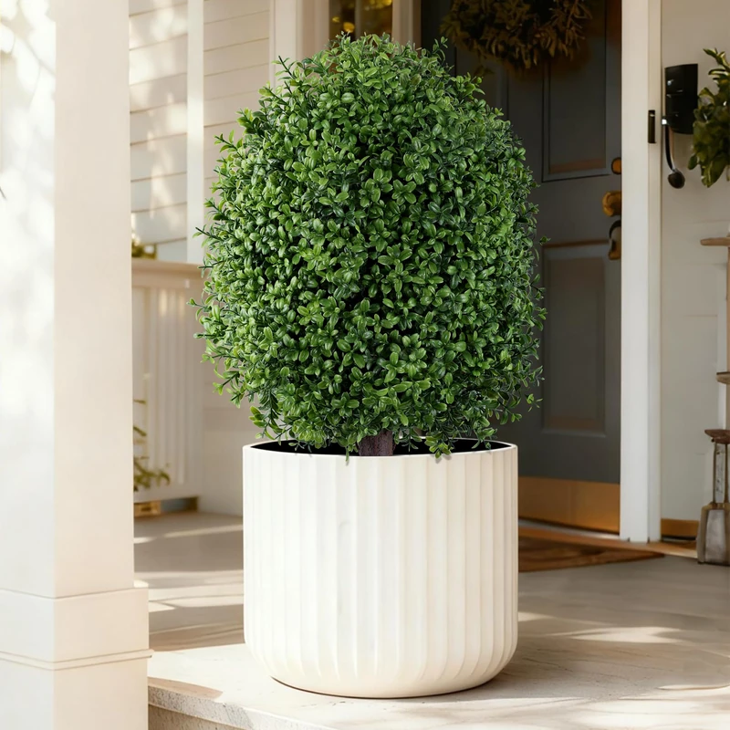 INSPRING 27'' Artificial Boxwood Topiary Trees Outdoor Fake Bushes Plants UV Resistant Evergreen Shrubs with Metal Ground Spike for Porch Patio Garden, 1 Pack