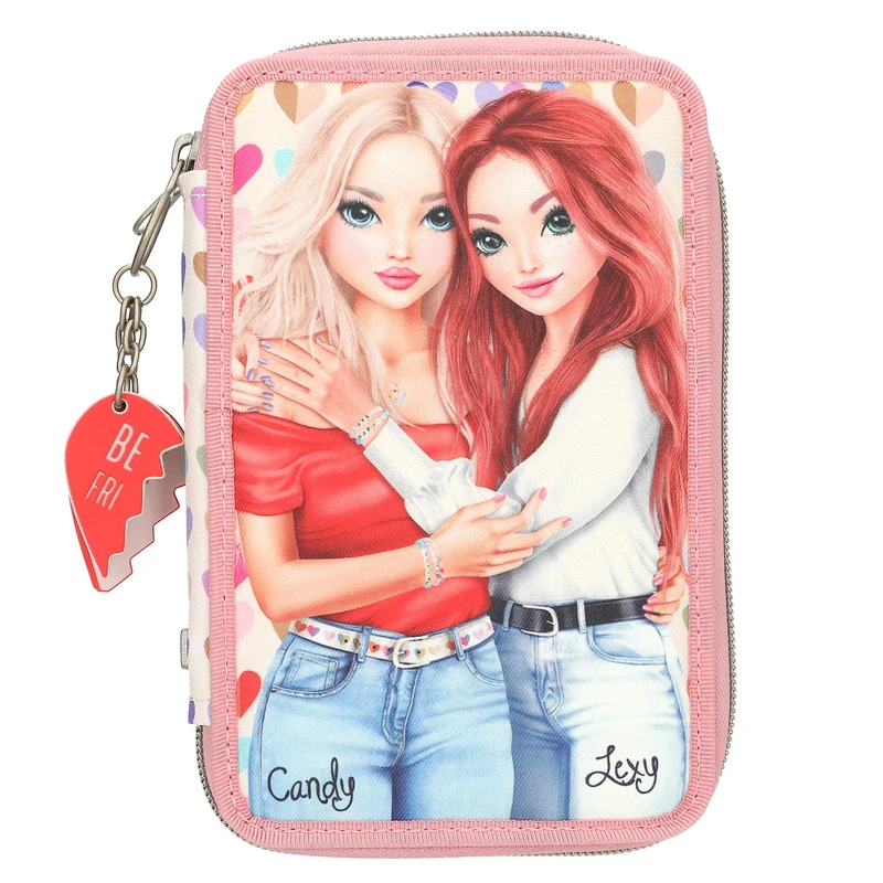 Depesche 13708 TOPModel Heart to Heart Filled 2-Compartment Pencil Case in Pink and Beige with Model Motif and Hearts Pencil Case