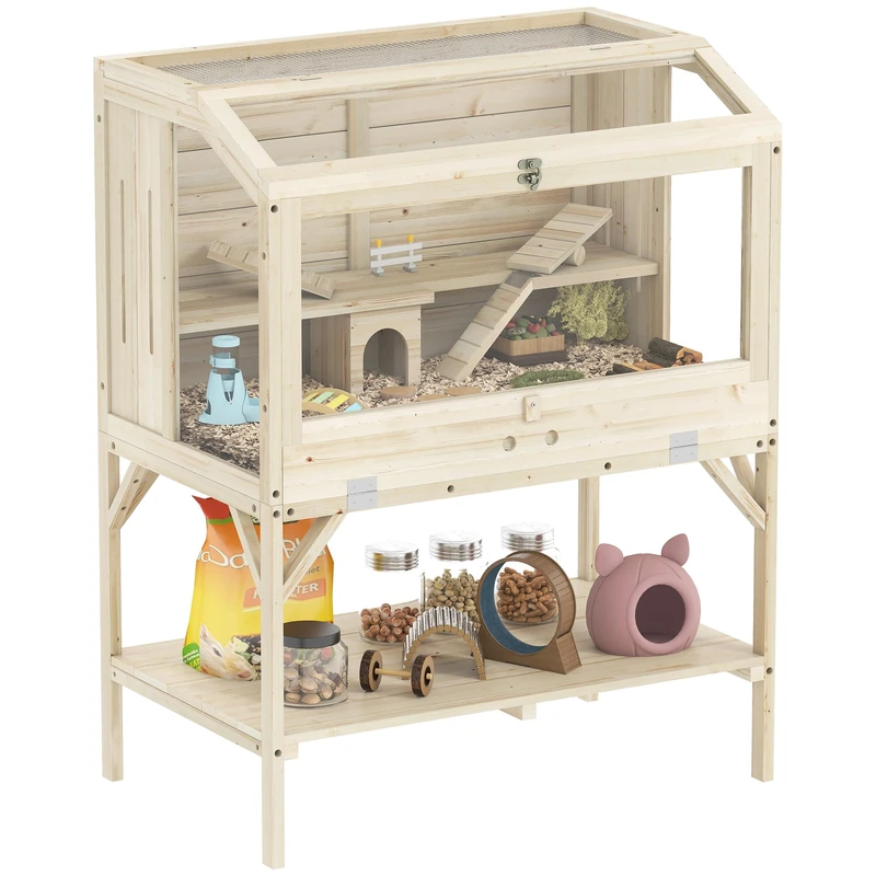PawHut Wooden Hamster Cage, 2 Tier Transparent Gerbil Cage with Storage Shelf, Openable Top, Tray, Seesaws, Ramp, Water Bottle, Small Animal Habitat for Syrian, Gerbils, Rats, Rodent, 84 x 53 x 110 cm