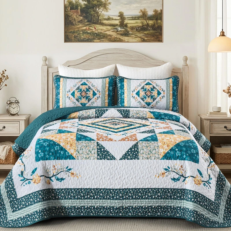 Dobuyly King Quilt Bedding Set,Vintage Floral Patchwork King Bedspread Teal Lightweight Coverlet Bedding Set with 2 Pillow Shams 110"x90"