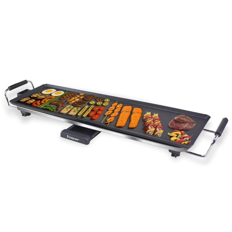 BEPER P101BBQ070 XL Electric Teppanyaki Grill 70x23 cm, Non-Stick Grill with Adjustable Thermostat, Heat-Insulated Handles, Grease Tray, and Removable Cord, 2000W, BPA and PFOS Free