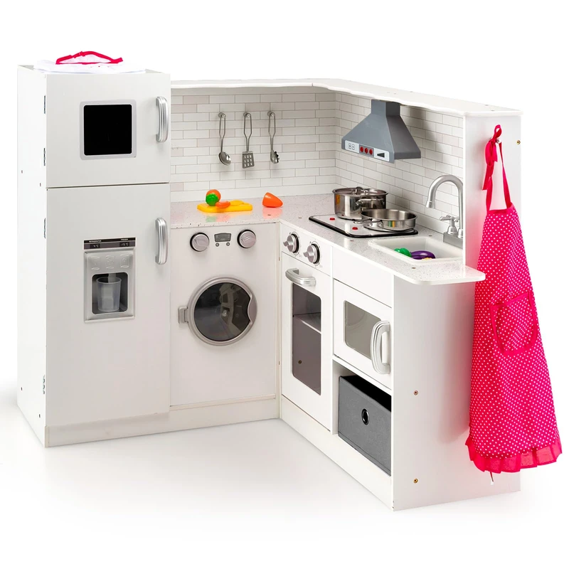 GYMAX Kids Toy Kitchen, Wooden Corner Play Kitchen with Lights, Sounds, Washing Machine, Range Hood, Ice Dispenser, Apron & Chef Hat, Children Role Play Kitchen for 3 Years Old + (White)