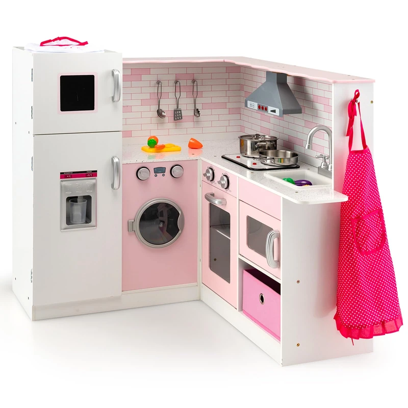 GYMAX Kids Toy Kitchen, Wooden Corner Play Kitchen with Lights, Sounds, Washing Machine, Range Hood, Ice Dispenser, Apron & Chef Hat, Children Role Play Kitchen for 3 Years Old + (Pink+White)