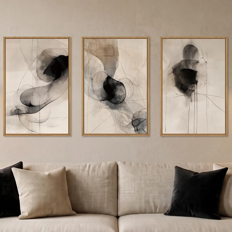 HPNIUB Beige Abstract Modern Ink Framed Canvas Wall Art Set -16"x24"x3