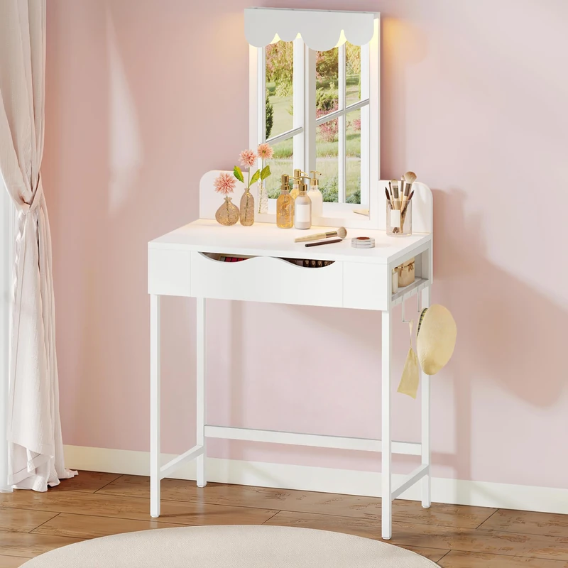 Dressing Table with Lighting, Fabric Drawers Dressing Table with Mirror Drawers Adjustable Brightness, Dressing Tables with Doors, Make Up Table with Jewellery Tray, Adjustable Shelves, Wood Colour - Image 1