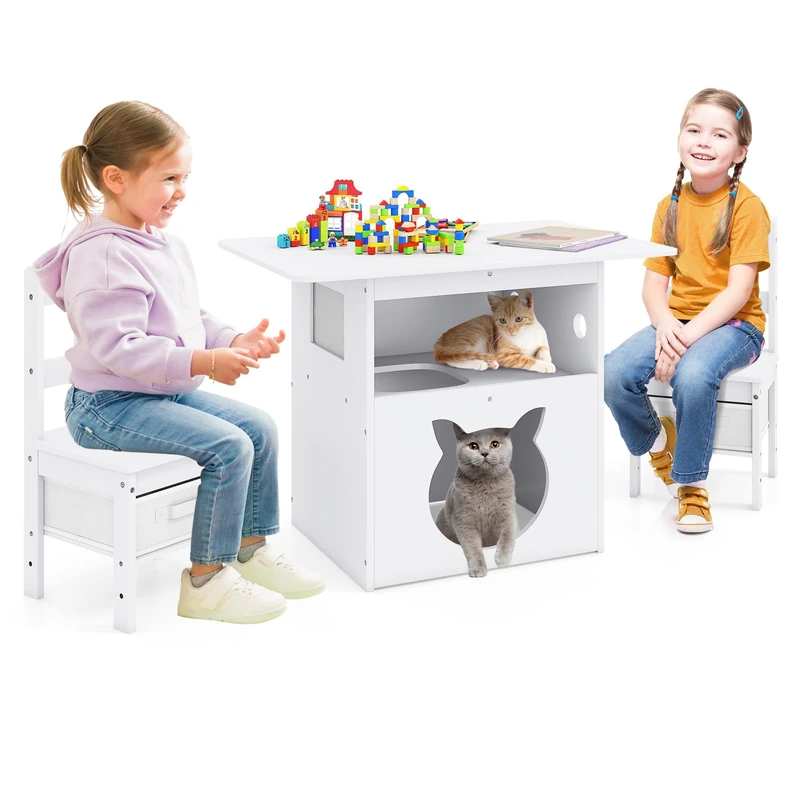 GYMAX Kids Table and Chairs Set, Wooden Children Activity Desk