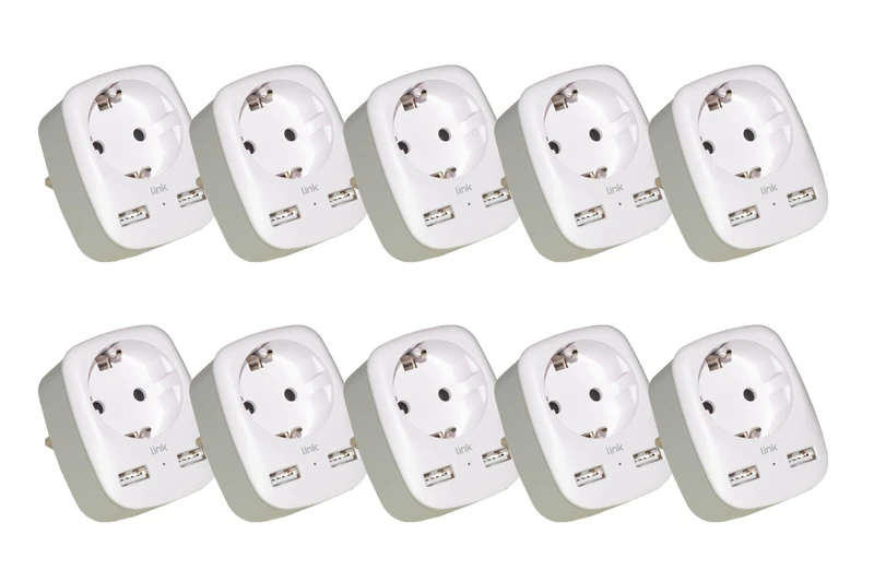 LINK LKAD0610 Multi-Plug Adapter, Italian Plug 10A, with 2 USB Ports and 2-Pin Socket, Pack of 10