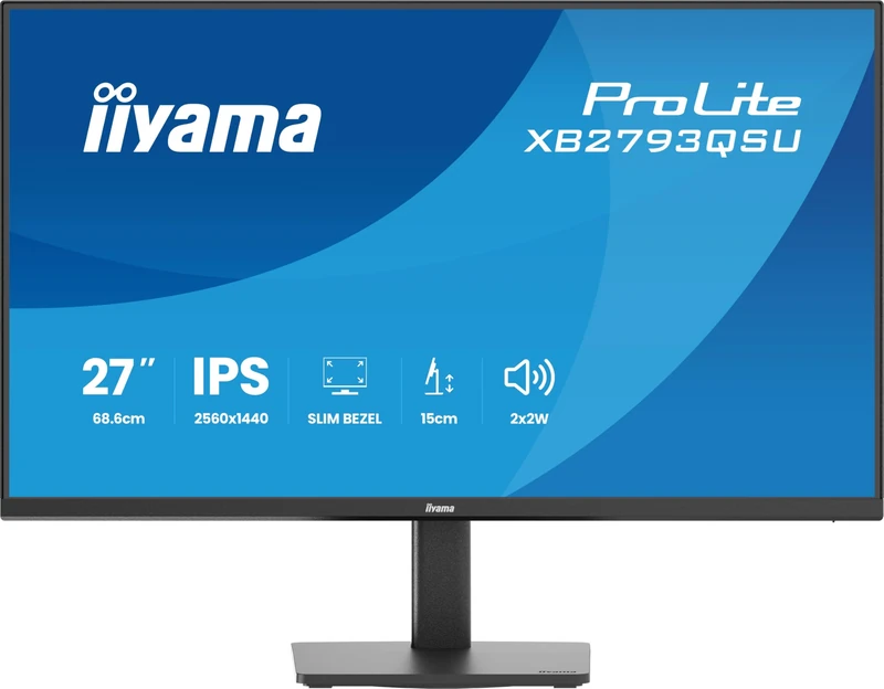 iiyama ProLite XB793QSU‑B1 27 inch IPS LED Monitor QHD HDMI DP USB 2.0 Slim‑Line Height Adjustment Pivot Adaptive Sync Energy Class D Black