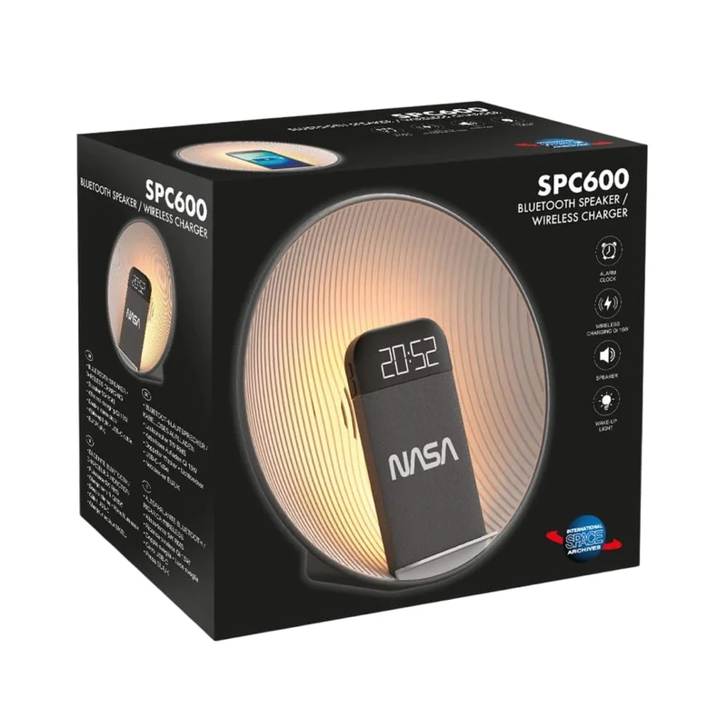 NASA SPC600 Bluetooth 5.3 Alarm Clock with 5W Speaker, 15W Qi Wireless Charging, Dual Alarm, 3000K LED Wake-Up Light, LED Display, USB-C & USB-A Ports, ABS & Fabric Design – Grey